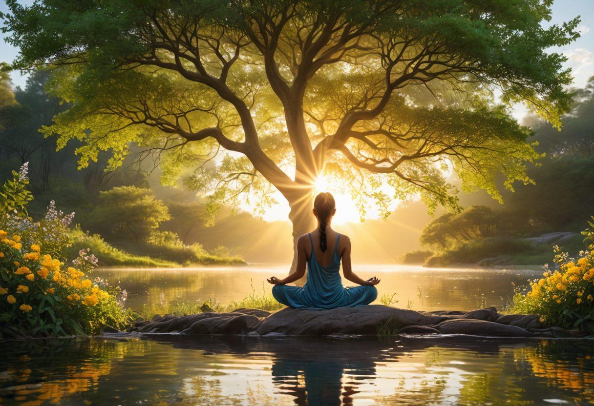 A serene scene depicting a person meditating under a luminous tree, surrounded by vibrant flowers and soft beams of sunlight filtering through the branches. Ethereal, swirling patterns of light symbolize spiritual energy rising around them, while a gentle river flows nearby, reflecting the tranquility of the moment. A calming palette of blues, greens, and warm yellows enhances the atmosphere of peace and spirituality. super-realistic. vibrant colors. peaceful ambiance.