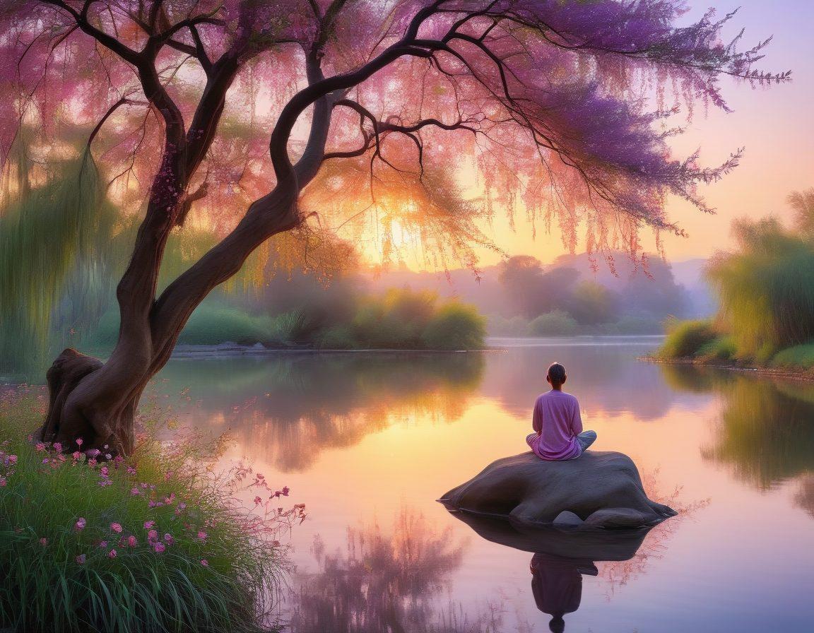 A serene landscape with a tranquil river reflecting soft sunset hues, a person meditating on a rock under a willow tree, surrounded by blooming lotus flowers. Ethereal light illuminating their face, symbolizing spiritual growth and inner peace. Soft, flowing brushstrokes to convey calmness. vibrant colors. painting.