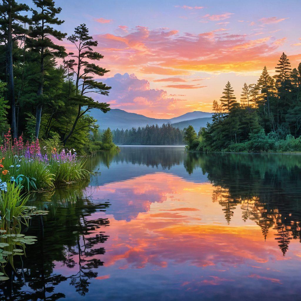 A serene landscape featuring a tranquil lake reflecting a colorful sunset, surrounded by lush greenery and diverse people sitting in a circle practicing mindfulness meditation. Incorporate symbols of spiritual growth like blooming flowers and gentle ripples in the water. Create a feeling of harmony and connection with soft, pastel tones. super-realistic. vibrant colors.